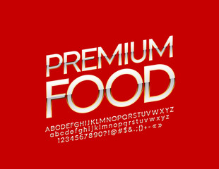 Vector stylish Sign Premium Food. Bright elegant Alphabet Letters, Numbers and Symbols. Chic glossy Font.