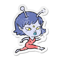 distressed sticker of a pretty cartoon alien girl running