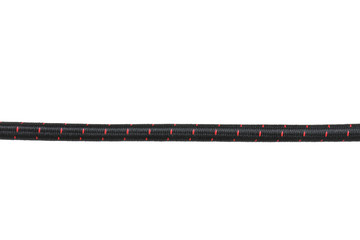 Strong black climbing rope on white background