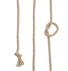 Strong cotton ropes with knots on white background