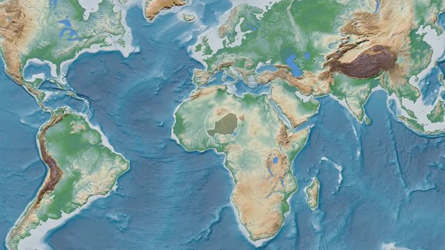 Niger area presented against the global physical map in the Patterson Cylindrical projection with animated oblique transformation