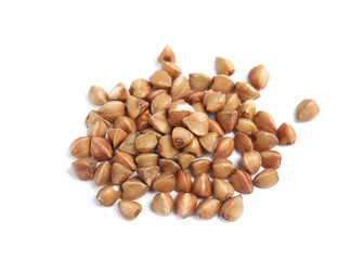 Uncooked buckwheat on white background. Healthy diet