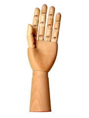 front view of wooden hand holding a white pencil isolated