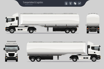 Vector template with detailed fuel tanker truck. Isolated realistic fuel tanker truck grey background. Vector