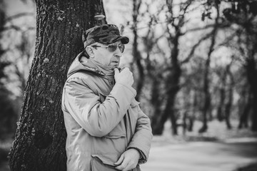 Mature European man with a sad philosophical mood. The concept of life after 50 years, problems and depression. Crisis of middle age 