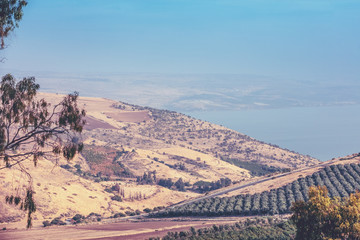 Aerial view of the coast of the Sea of Galilee near Tiberias, Israel
