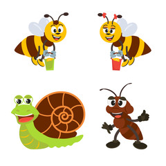 Cute insects ant,  snail, bees cartoon character set.  Vector illustration with isolated characters for decor and design.