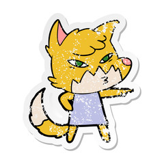distressed sticker of a clever cartoon fox