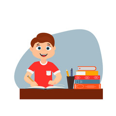 Cute boy sitting at the desk with a school supplies and books.   Little student in classroom. Study and training. Vector Illustration in cartoon style.