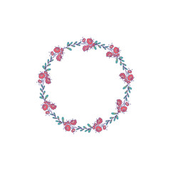 Wreath circle frame with flowers and leaves, hand drawn template. Design for invitation, wedding or greeting cards. Vector illustration.