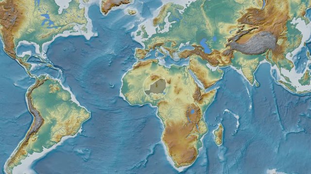 Niger area presented against the global relief map in the Patterson Cylindrical projection with animated oblique transformation