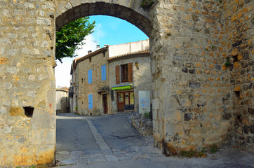 The Water Gate and buildings Lagrasse, Aude, Languedoc France.