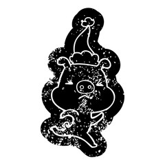 cartoon distressed icon of a annoyed pig running wearing santa hat