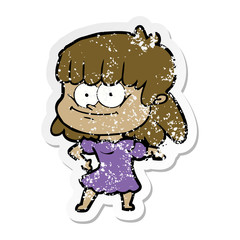 distressed sticker of a cartoon smiling woman