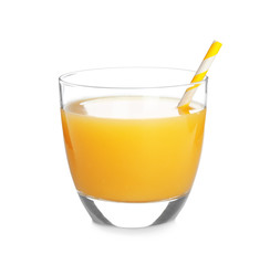 Glass of orange juice on white background