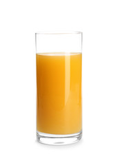 Glass of orange juice on white background