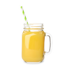 Mason jar of orange juice  on white background