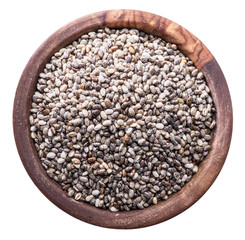 Chia seeds in wooden bowl isolated on white background. File contains clipping path.