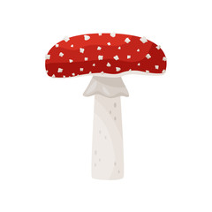 Flat vector icon of amanita muscaria. Fly agaric mushroom. Poisonous forest fungus. Toadstool with red spotted cap
