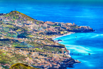 Cityscape panorama of Camara de Lobos. Aerial view from the highest Cabo Girao, Madeira island,...