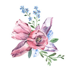 Watercolor bouquet of tulip, jewel crystal and forget-me-not isolate in white background.
