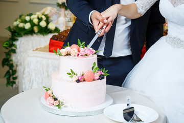 Obraz na płótnie Canvas bride and groom cut the wedding cake