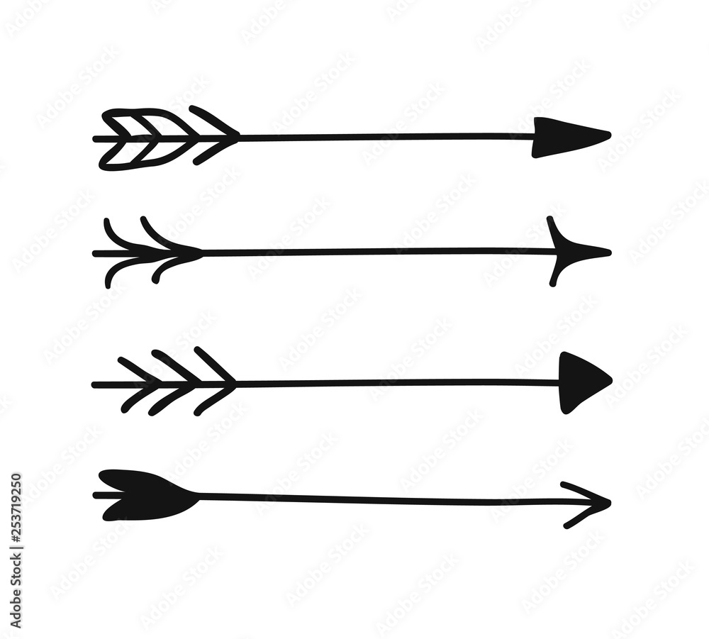 Poster hand drawn set of objects for design use. black vector doodle aztec arrows on white background. abst