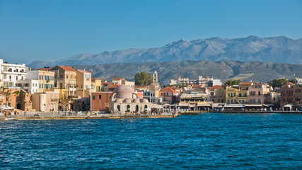 Fototapeta na wymiar Cityscape of Chania and the old venetian harbor, island of Crete, Greece