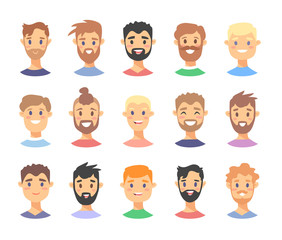 Set of caucasian male characters. Cartoon style european or american people icons. Isolated guys avatars. Flat illustration men faces. Hand drawn vector drawing boys portraits