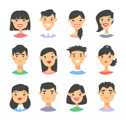 Set of asian male and female characters. Cartoon style people icons. Isolated guys avatars. Flat illustration men and women faces. Hand drawn vector drawing girls and boys portraits