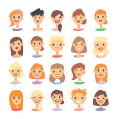 Set of caucasian female characters. Cartoon style european or american people icons. Isolated guys avatars. Flat illustration women faces. Hand drawn vector drawing girls portraits