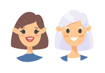Set of caucasian female characters. Cartoon style elderly and young people icons. Isolated guys avatars. Flat illustration women faces. Hand drawn vector drawing portraits before and after