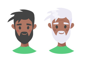Set of african american male characters. Cartoon style elderly and young people icons. Isolated guys avatars. Flat illustration men faces. Hand drawn vector drawing portraits before and after
