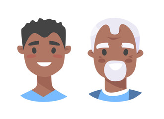 Set of african american male characters. Cartoon style elderly and young people icons. Isolated guys avatars. Flat illustration men faces. Hand drawn vector drawing portraits before and after