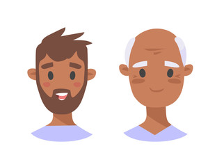 Set of african american male characters. Cartoon style elderly and young people icons. Isolated guys avatars. Flat illustration men faces. Hand drawn vector drawing portraits before and after