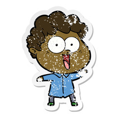 distressed sticker of a cartoon happy man
