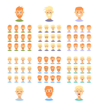 Set of male emoji characters. Cartoon style emotion icons. Isolated caucasian boys avatars with different facial expressions. Flat illustration men emotional faces. Hand drawn vector drawing emoticon