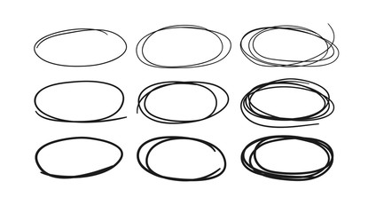 Hand drawn set of objects for design use. Black Vector doodle ellipses on white background.  Abstract pencil drawing. Artistic illustration grunge elements