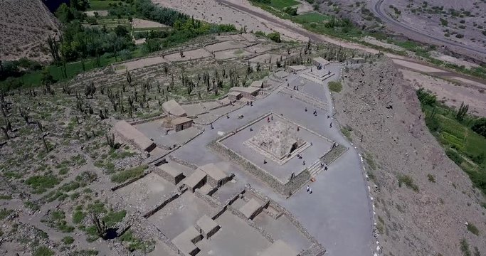 Beautiful detail of the constructions of Pucara de Tilcara on a sunny day. Tilcara. Jujuy. Argentina. Aerial view zoom in