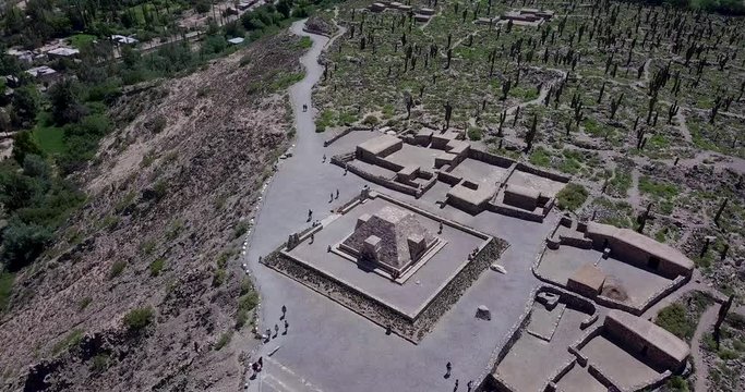 Close up of the constructions of Pucara de Tilcara on a beautiful sunny day. Tilcara. Jujuy. Argentina. Aerial view traveling