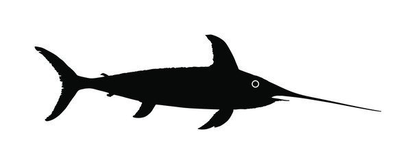 Swordfish vector silhouette illustration isolated on white background. Sea or ocean fish symbol. Sport Fishing trophy. Billfish, sailfish sign. Marine life fauna. Seafood wildlife.