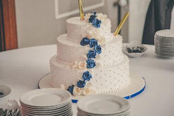Piękny biały tort piętrowy z biało - niebieskimi kwiatkami