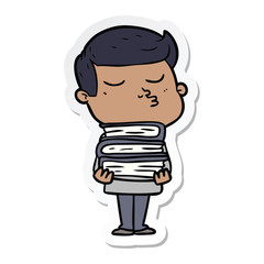 sticker of a cartoon model guy pouting holding books