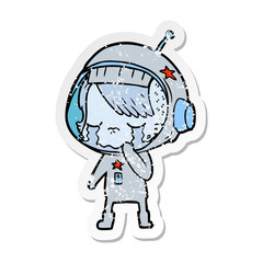 distressed sticker of a cartoon crying astronaut girl