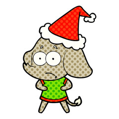 comic book style illustration of a unsure elephant wearing santa hat