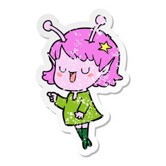 distressed sticker of a happy alien girl cartoon