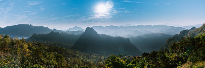 Beautiful panorama of mountain range in the morning - obrazy, fototapety, plakaty
