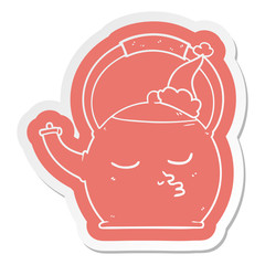 cartoon  sticker of a kettle wearing santa hat