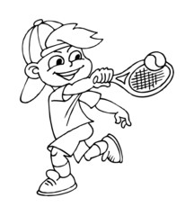 Boy playing tennis, children sports, black and white clipart