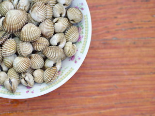 Closeup Parboiled cockles or steamed blanched clams - Northeast Thai Food 